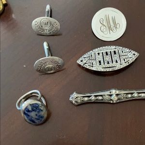 Silver antique sleeve cuffs, ring ,brooch, 2 pins